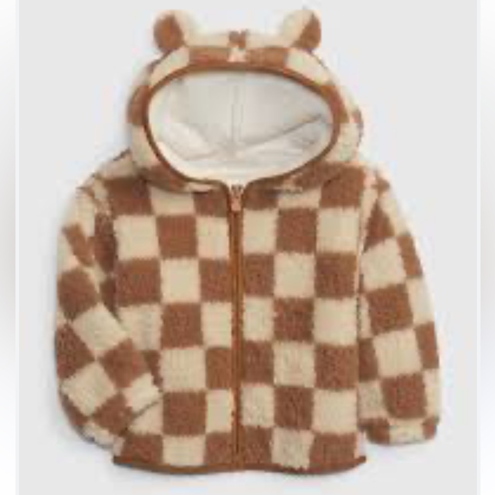 Gap Toddler Sherpa Bear Hoodie Checkered Holiday Brown